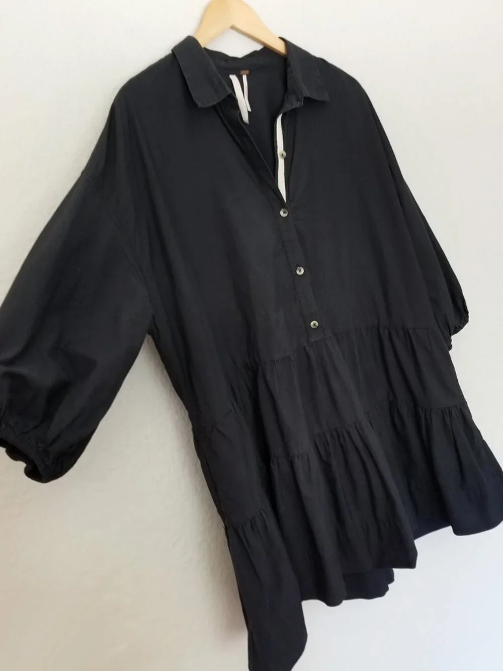 Free People Black Misha Mini Dress Size M Poplin 100% Cotton Tiered Babydoll